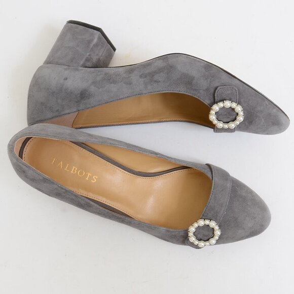 Talbots Isa Pearl Buckle Leather Block Heel Grey Pumps Women's Size 11 - Picture 2 of 10